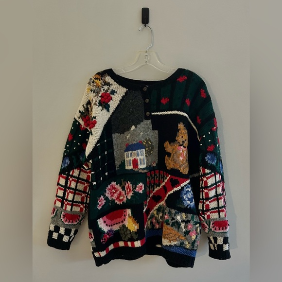 The Eagle's Eye Vintage 80s Hand Knit Wool Folk Art Novelty Sweater | Size L - Picture 2 of 7